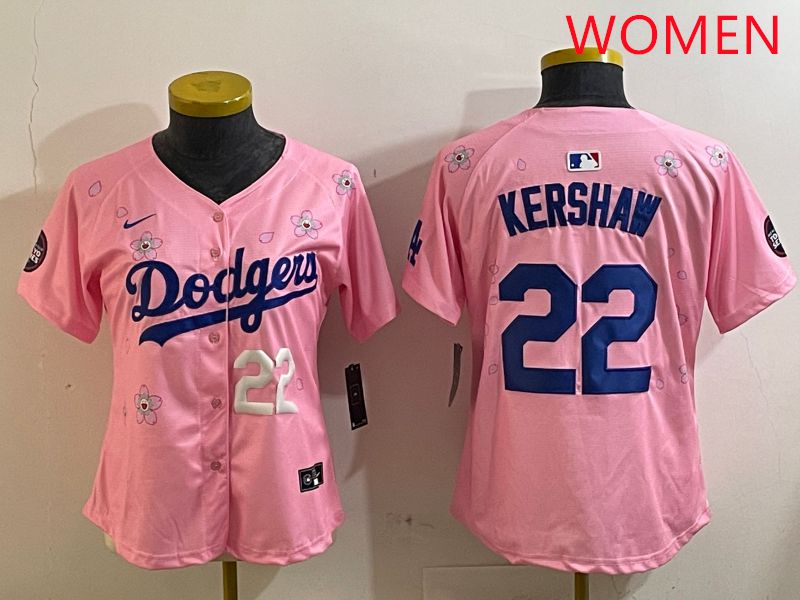 Women Los Angeles Dodgers #22 Kershaw Pink White Blue Sakura Edition 2025 Nike MLB Jersey style 4->women mlb jersey->Women Jersey